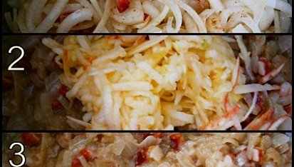Pikantní cibulové zelíčko, 1.na orestované kostičky klobásy dáme cibuli a dusíme 15 minut2.přidáme jablko,koření a ocet a ještě 5 minut povaříme3.hotovo
