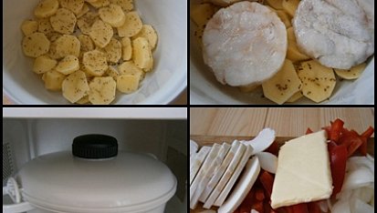 Filé na zelenině v"tlakovém hrnci MICROLINE"z mikrovlnky, Do hrnce dáme brambory,osolíme,okmínujeme a přidáme osmažené filé.Hrnec uzavřeme a vlníme 6minut.Zbytek připravených surovin.