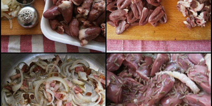 Srdíčka očistíme a překrájíme.Na osmažených nudličkách slaniny orestujeme cibulku.Přidáme srdíčka,koření a promícháme.