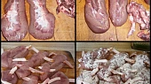 Ledvinky zase jinak a opět chutně, Ledvinky,rozřízneme,odstraníme močovody a necháme do druhého dne namočené ve vodě.Osušené protáhneme slaninou,opepříme a poprášíme moukou.