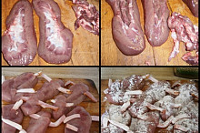 Ledvinky,rozřízneme,odstraníme močovody a necháme do druhého dne namočené ve vodě.Osušené protáhneme slaninou,opepříme a poprášíme moukou.