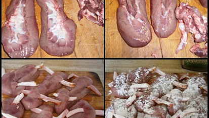 Ledvinky zase jinak a opět chutně, Ledvinky,rozřízneme,odstraníme močovody a necháme do druhého dne namočené ve vodě.Osušené protáhneme slaninou,opepříme a poprášíme moukou.