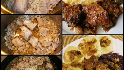 Moravský vrabec rychle a chutně, zase jinak, V hrnci si vše orestujeme,podlijeme a dusíme 25min.Poté přemístíme do pekáčku a pod grilem chvilku zapečeme na barvičku.Podáváme s bramborem a okurkem,nebo se z