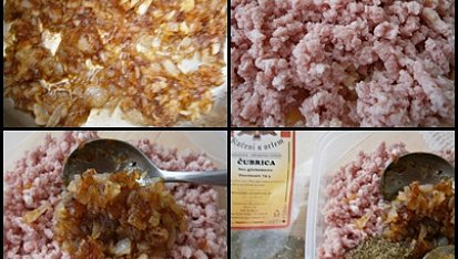 Bramborové knedlíky plněné uzeným s cibulkou a čubricou, Do zlatavé barvy osmažíme 4cibule.Uzené kostky nameleme,přidáme 3lžíce osmaž.cibule,čubricu a umícháme těsto na náplň.
