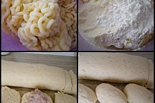 Brambory nameleme,přidáme mouku,sůl a solamyl a vypracujeme těsto.Vyválíme válec,nakrájíme,naplníme a utvoříme"šišku"knedlík.