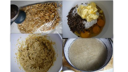 Hruškový řez s čokoládou (rychlovka), ořechy i čokoládu drtím paličkou na maso