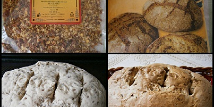 část použitých surovin,nakynutý chleba před pečením a upečený
