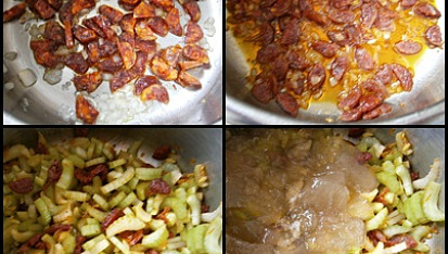 "Řapíkatá"přesnídávková polévka, orestujeme si cibuli,přidáme kolbásu,řapíky a vývar(měla jsem uzený,který mi v lednici zrozsolovatěl)