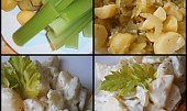 Řapíkatý bramborový salát k bleskové rybě, část použitých surovin,hotový salát,před podáváním promíchaný s jogurtem a majonézou