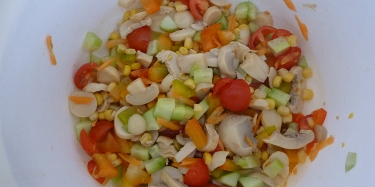 Těstovinový salát s kuřecím masem a jogurtovou zálivkou (nakrájená zelenina)
