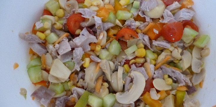 Těstovinový salát s kuřecím masem a jogurtovou zálivkou (zelenina s masem)