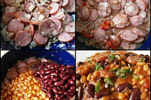 V kastrolu orestujeme kostičky slaniny společně s cibulí,přidáme uzeninu a chvíli restujeme.Přidáme čerstvou papriku,lák z červených fazolí a 10min.podusíme....