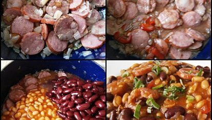 Ajveniny mexické fazole, V kastrolu orestujeme kostičky slaniny společně s cibulí,přidáme uzeninu a chvíli restujeme.Přidáme čerstvou papriku,lák z červených fazolí a 10min.podusíme....
