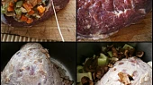Hovězí kapsa v zeleninové omáčce, Maso zašijeme,na orestované slanině zprudka opečeme,přidáme celery,hříbky a vodu a dusíme.