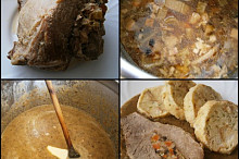 Měkké maso vyjmeme,šťávu lehce ponorným mixérem rozmixujeme,doplníme tekutinu,dáme plátek másla a provaříme.Podáváme s knedlíkem