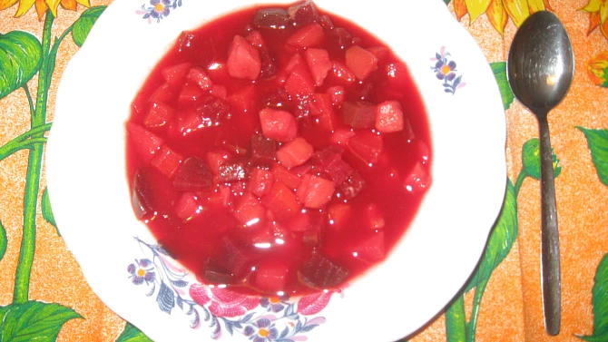 Neboršč z domácích zásob, na talíři
