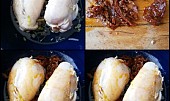 Králičí závitky"Wasabi" (Na máslo a orestovanou cibulku dáme zatáhnout závitky.Rajčata nakrájíme na proužky a přidáme k závitkům.Vše podlijeme,přidáme olej z rajčat a přikryté dusíme.)