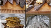 Plíčky marinované,smažené v trojobalu, Nakrájíme,okořeníme,potřeme hořčicí a pořádně zabalíme do alobalu