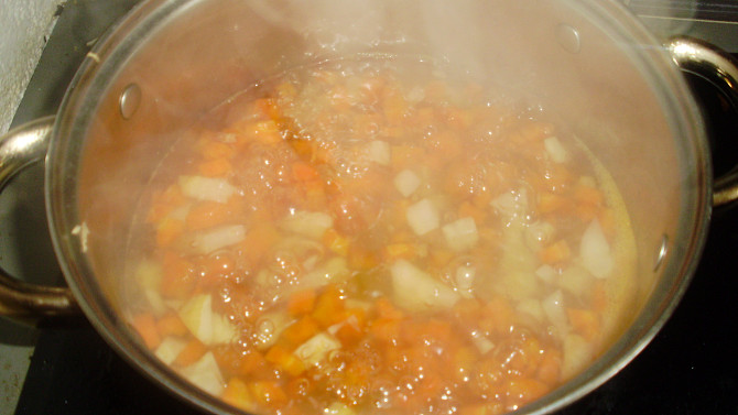 Rychlá polévka z mrkve a křenu, Mrkev a křen vaříme ve vodě