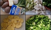 Zapečená brokolice se žampiony a bramborami, Část surovin.Kastrol vymažeme,vysypeme a poklademe brambory.Okořeníme a dáme brokolici.