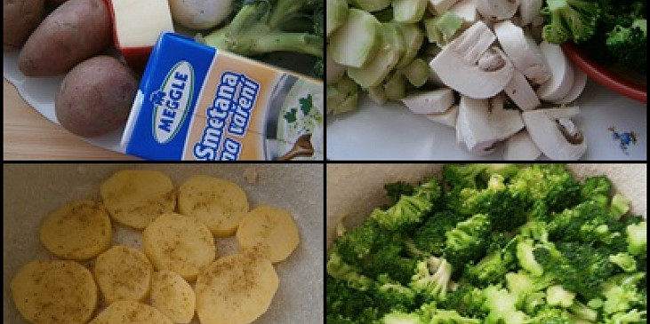 Zapečená brokolice se žampiony a bramborami (Část surovin.Kastrol vymažeme,vysypeme a…)