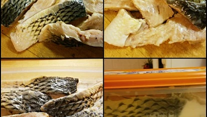 Kapr v kefírové marinádě s česnekem a zázvorem, Kapra vyfiletujeme a odřezky použijeme na vývar.Porce ryby dáme do nádoby,zalijeme připravenou marinádou,uzavřeme víkem a dáme do lednice odpočinout.