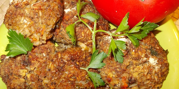 Křehké placičky z kuřecího masa, hlívy , mrkve a rýže