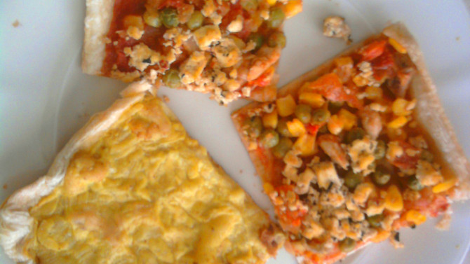 Pizza kari a zeleninová s tofu, poslední zbytečky na talíři