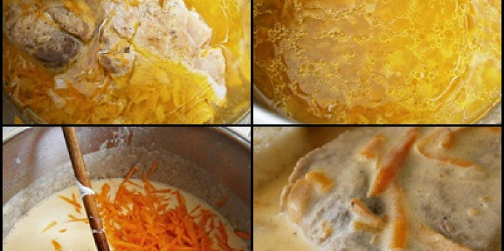Vepřová plec na zakysané smetaně s mrkví (Měkké maso vyjmeme ze šťávy.Do šťávy přidáme…)
