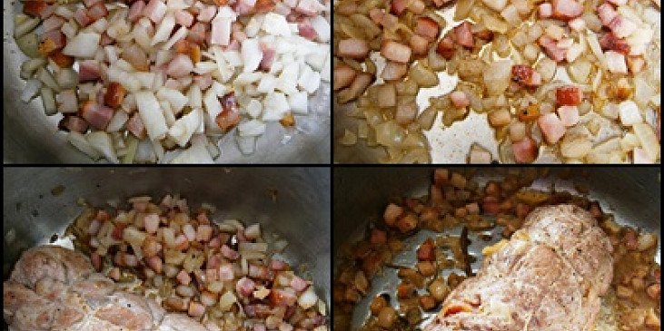 2minutky osmažíme kostičky slaniny,přidáme cibuli a osmahneme.Odhrneme na kraj hrnce,dáme zatáhnout maso,přidáme zbytek surovin a dusíme 25minut pod tlakem.