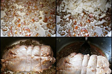 V hrnci necháme špek pustit tuk,přidáme cibuli a osmahneme.Vložíme zatáhnout maso,poté podlijeme a přidáme marmeládu