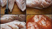 Kuřecí prsa v marinádě z okořeněné marmelády (Prsa oddělíme od tenší části.Uděláme ve tvaru mříšky zářezy a do nic vetřeme trošku koření)