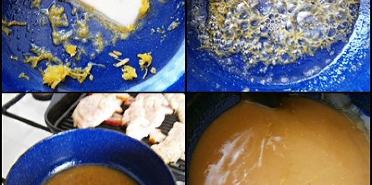 Kuřecí prsa v pomerančové šťávě (V kastrůlku rozehřejeme máslo s kůrou,přidáme…)