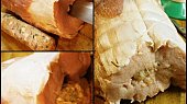 Vepřová kotleta plněná,v marinádě z citrusů pečená (Do kotlety nožem nařízneme otvor a zatlačíme zmrzlý váleček náplně.Kotletu omotáme nití a lehce opepříme)
