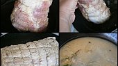 Vepřová kotleta plněná,v marinádě z citrusů pečená (Kotletu prudce ze všech stran orestujeme a výpek v pánvi vypláchneme marinádou)