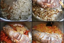 V hrnci rozpustíme špek,orestujeme s cibulí a dáme osmahnout maso.Přidáme ostatní suroviny a dusíme 35_40minut