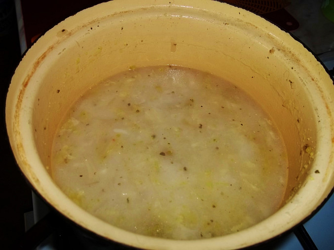 Kapustovo-zelná polévka s rýží nakyselo, vaříme...