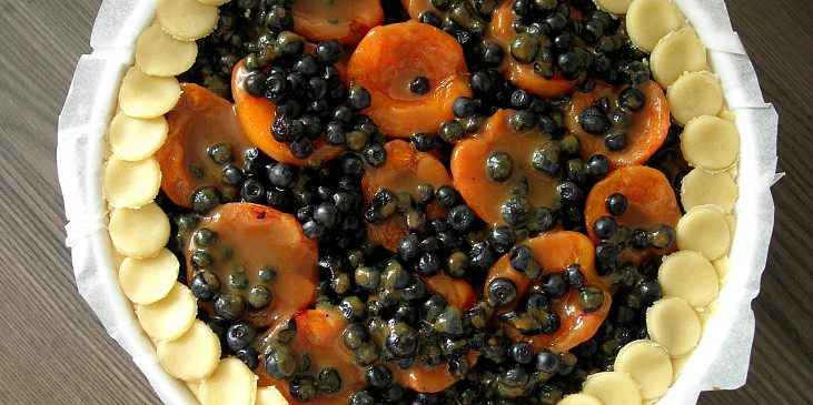 Křehký karamelový koláč s meruňkami a borůvkami