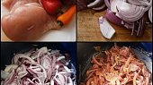 Kuřecí prsa se sýrem a cibulí,nejen pro začátečníky, Část surovin.Cibuli nakrájíme na půlkolečka,dáme na rozehřátý olej orestovat,poté malinko podlijeme a pod pokličkou 8min.podusíme