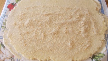 Bramborové rolování s hříbkovou omáčkou a smaženou cibulkou, Těsto vyválíme na pomoučené utěrce a posypeme strouhankou
