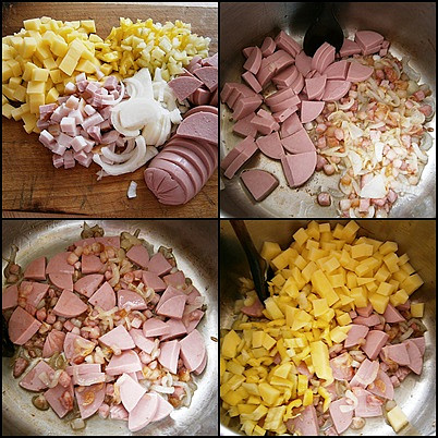 Gulášová polévka s použitím šťávy z guláše, Nakrájíme si suroviny.osmahneme cibuli se slaninou,přidáme uzeninu,promícháme a osmahneme.Dále přidáme brambory a papriku