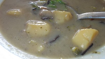 Houbová polévka s pórkem, brokolicí a řapíkatým celerem