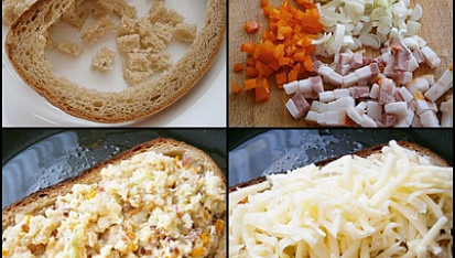 Chleba z vajíček v chlebové kůrce, Kousek debrecínského špeku,lahůd.cibulky a papriky na drobné kostičky.Kůrku jsem osmažila z jedné str.otočila,naplnila,zasypala sýrem a pod pokličkou zapekla