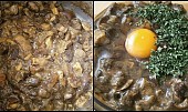 Žampiony plněné dušenými hříbky,podušené na špeku a pórku (Nakrájené hříbky podusíme a do vychladlých zamícháme vejce,bylinky a koření)