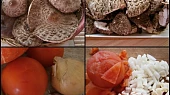 Bedly dušené v zelenině, Bedly očistíme a nakrájíme na čtvrtky.Rajče nakrojíme,spaříme,sloupneme  a nakrájíme společně s ostatníma surovinama