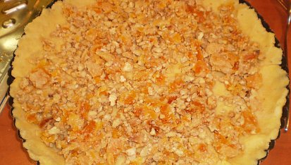 Kolac s naplni z rozmixovane podusene dyne, dynovy pred pecenim