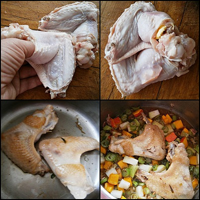 Kuřecí křídla plněná,na zelenině dušená, Křídla naplníme a po obou stranách osmažíme na másle.Zasypeme zeleninou,podlijeme vínem a dusíme doměkka