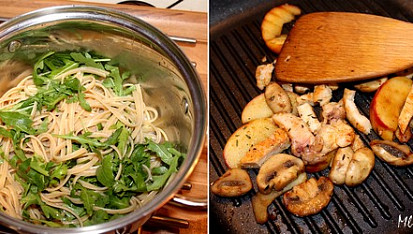 Linguine s rukolou, opečenými jablky a žampiony
