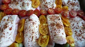 Pečené kuřecí díly s rajčaty a cibulkou