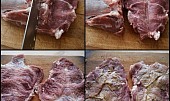 Plecko s kaki příchutí, Pokud nemáme naporcované maso přímo z masny,ukrojíme si plátky masa podle fotopostupu.Maso naklepeme,okořeníme a potřeme hořčicí